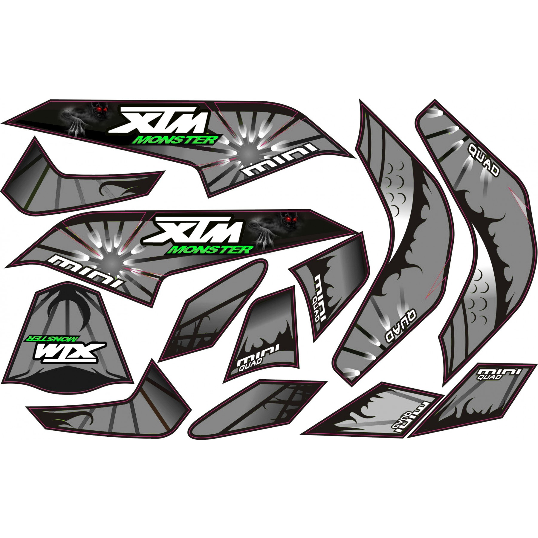 MINI QUAD BIKE XTM MONSTER STICKER KIT / DECALS / TRANSFERS IN SILVER