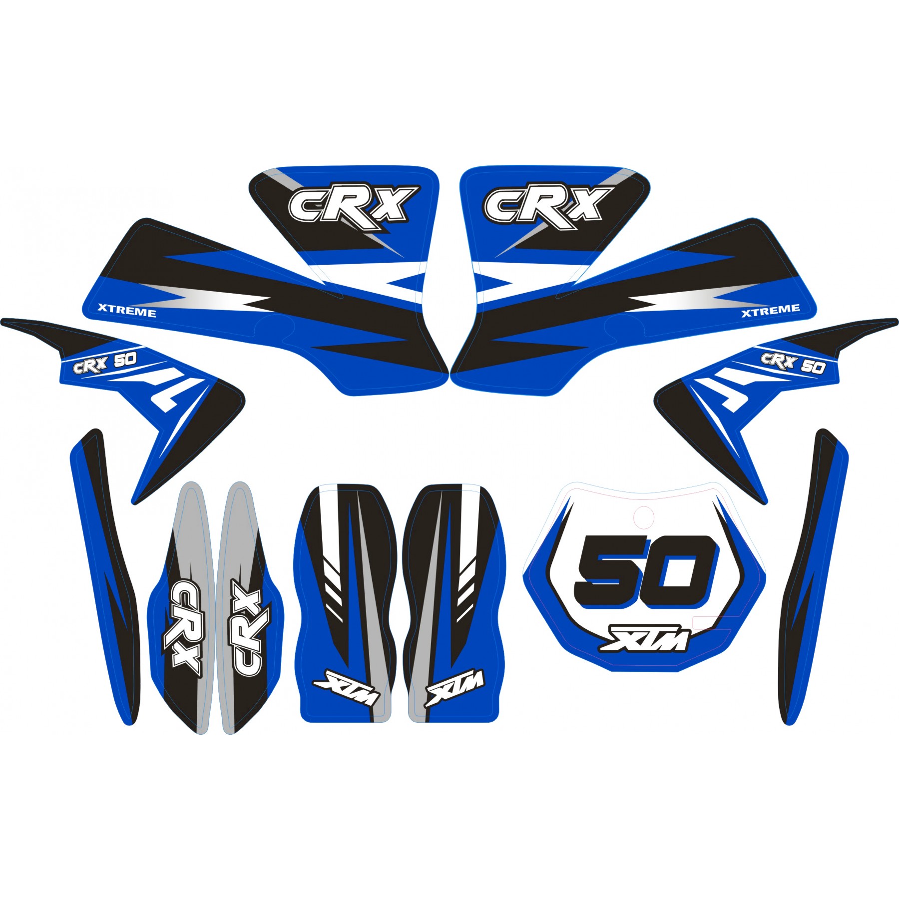 MINI DIRT BIKE XTM CRX 50 STICKER KIT / DECALS / TRANSFERS IN BLUE