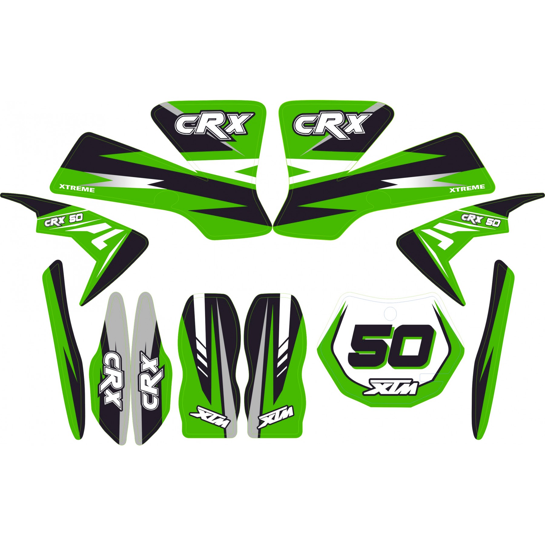 MINI DIRT BIKE XTM CRX 50 STICKER KIT / DECALS / TRANSFERS IN GREEN