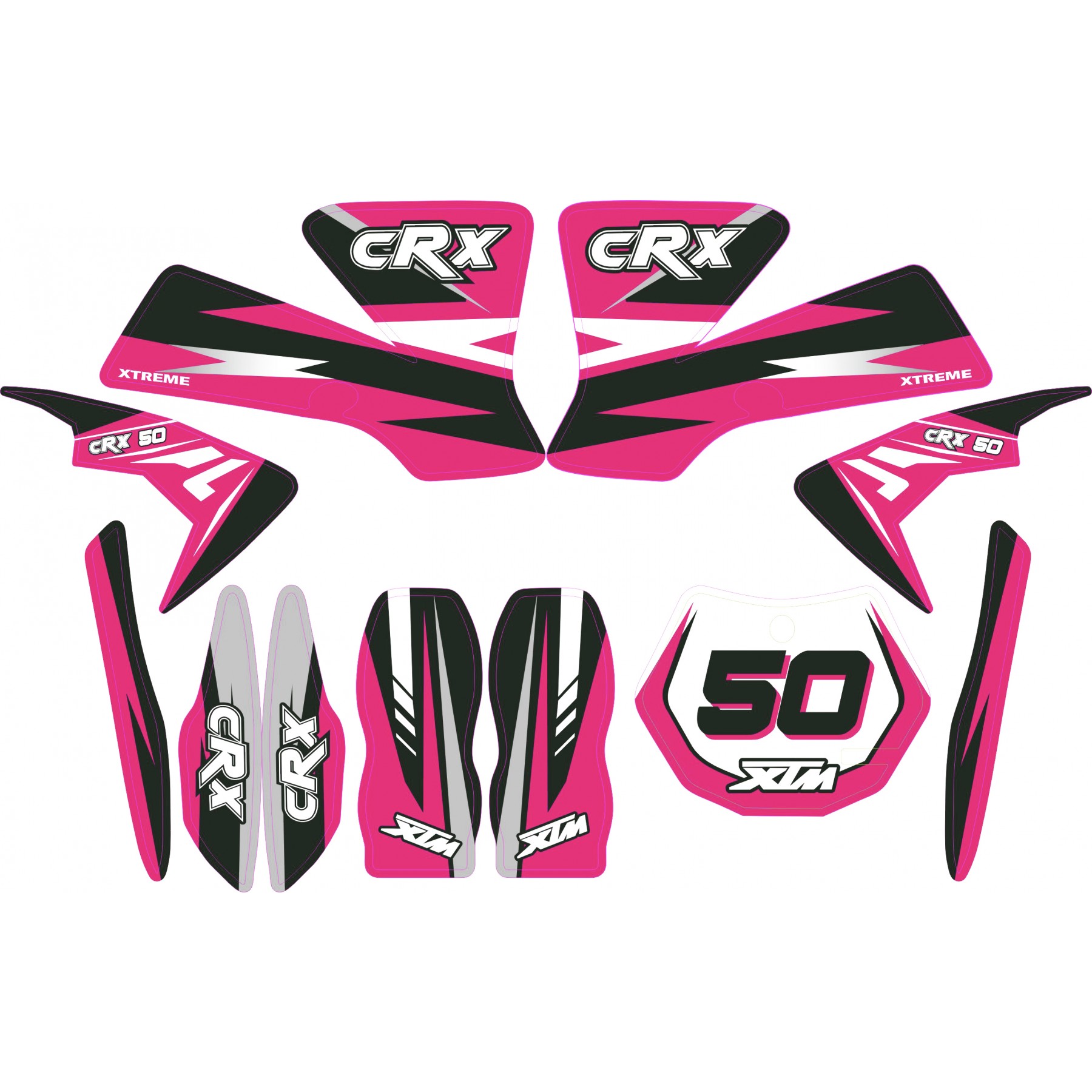 MINI DIRT BIKE XTM CRX 50 STICKER KIT / DECALS / TRANSFERS IN PINK