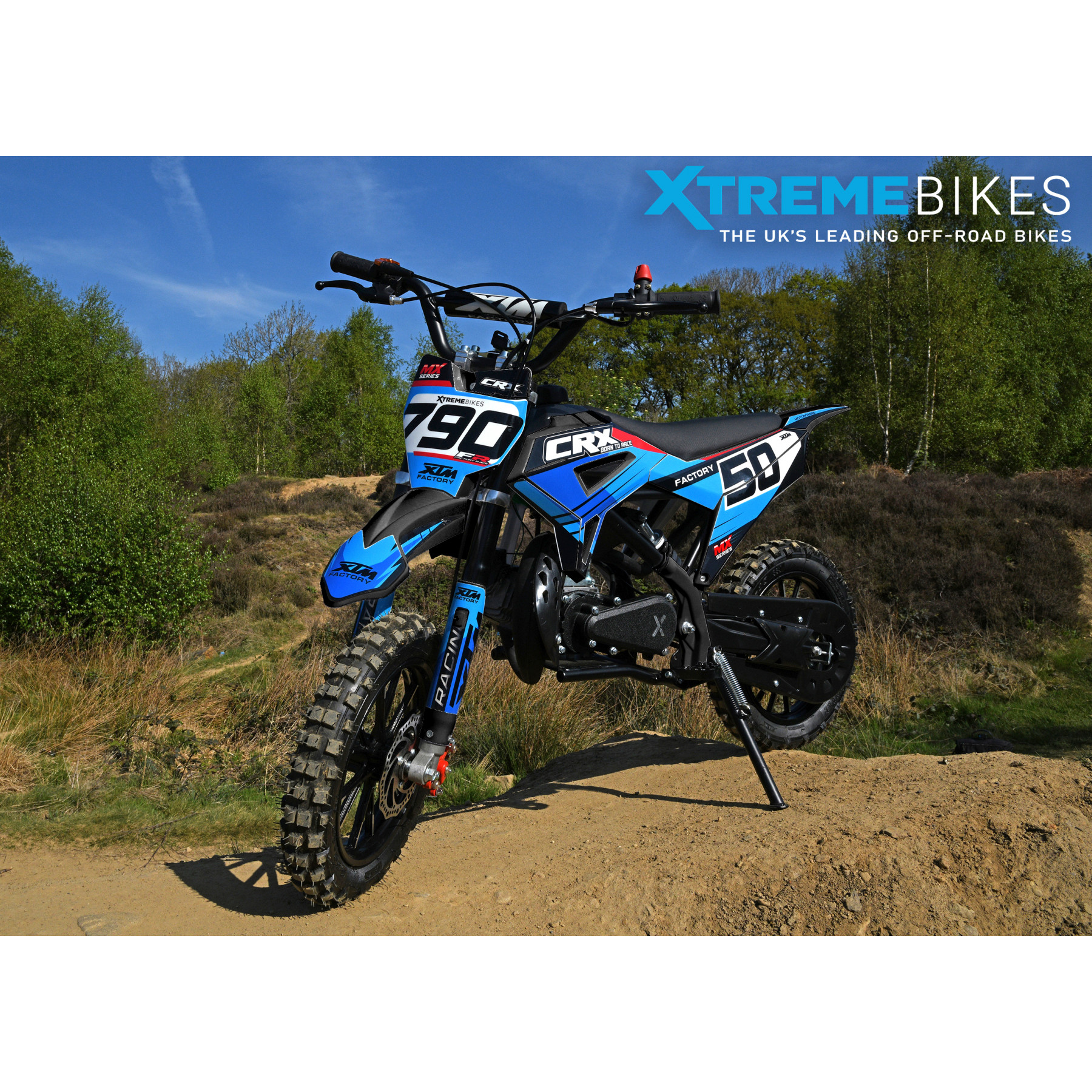 XTM CRX 50CC DIRT BIKE BLACK BLUE HYDRAULIC SUSPENSION