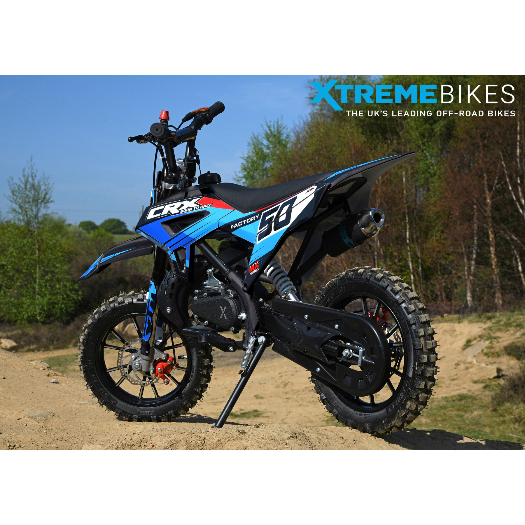 XTM CRX 50CC DIRT BIKE BLACK BLUE HYDRAULIC SUSPENSION