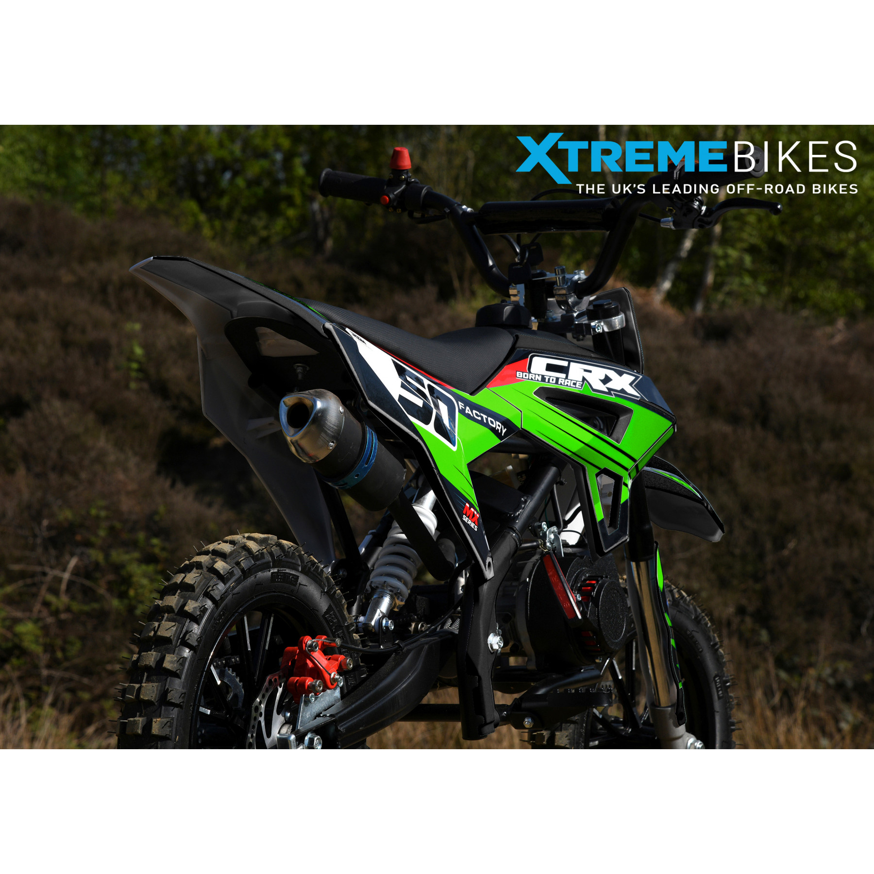 XTM CRX 50CC DIRT BIKE BLACK GREEN HYDRAULIC SUSPENSION
