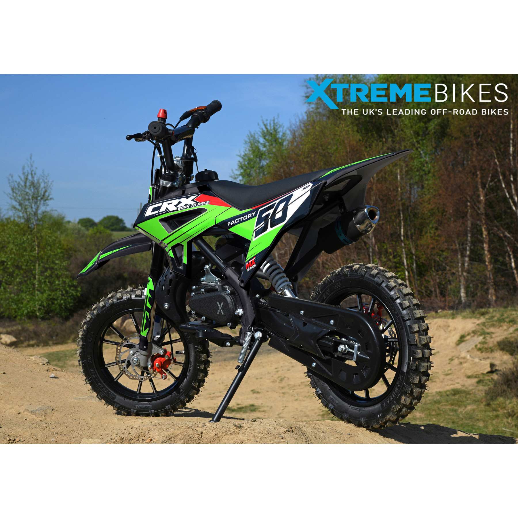 XTM CRX 50CC DIRT BIKE BLACK GREEN HYDRAULIC SUSPENSION