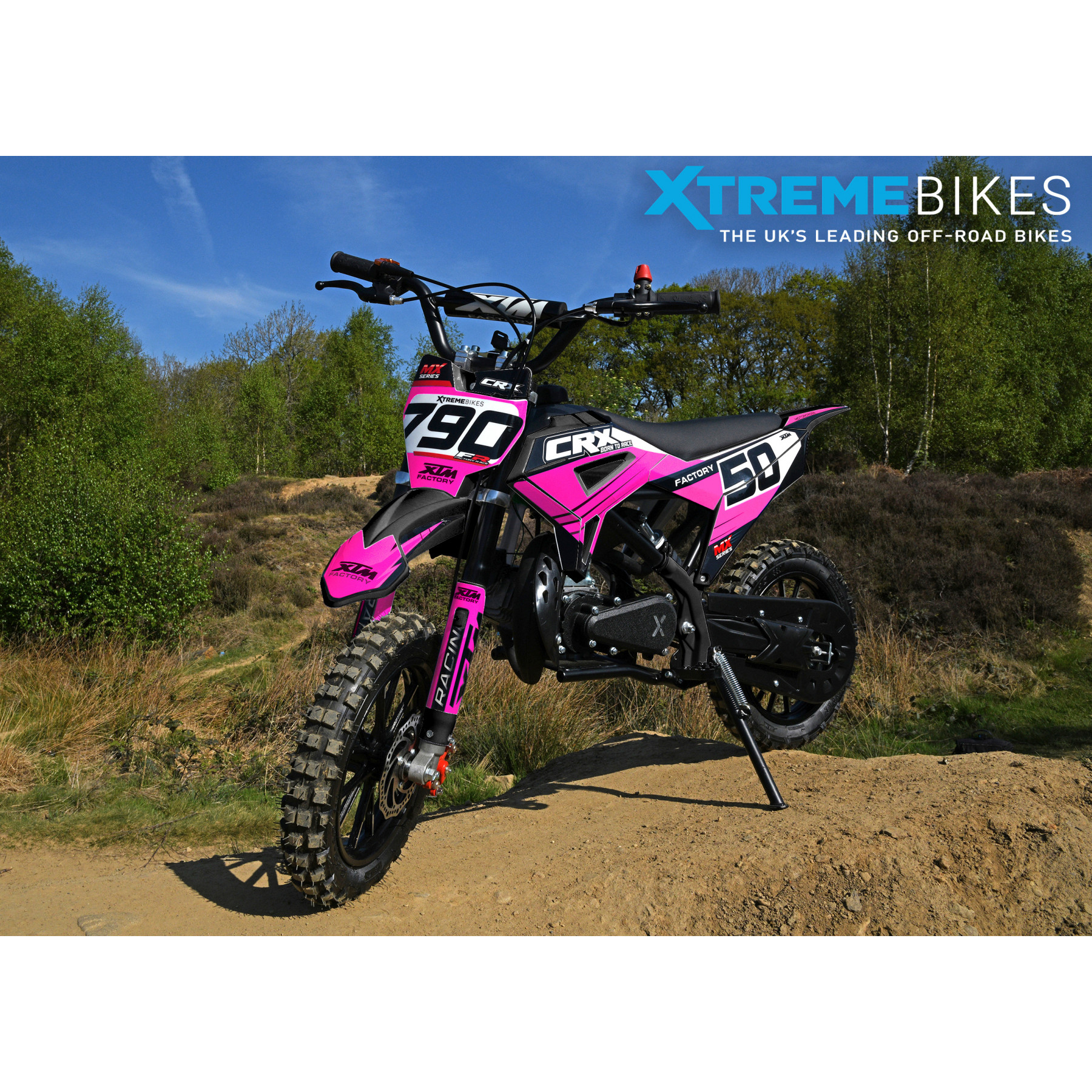 XTM CRX 50CC DIRT BIKE BLACK PINK HYDRAULIC SUSPENSION