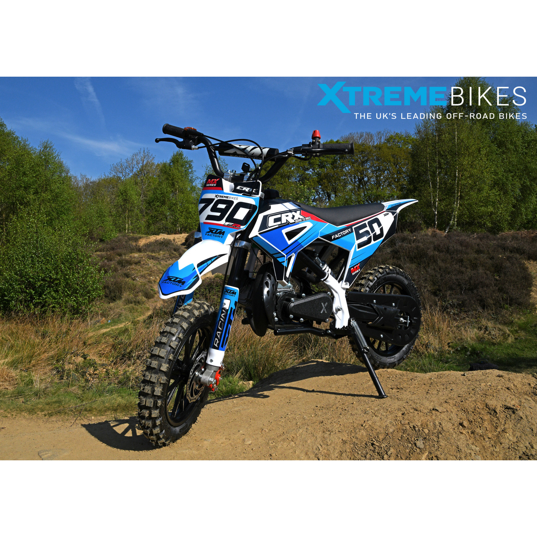XTM CRX 50CC DIRT BIKE WHITE BLUE HYDRAULIC SUSPENSION