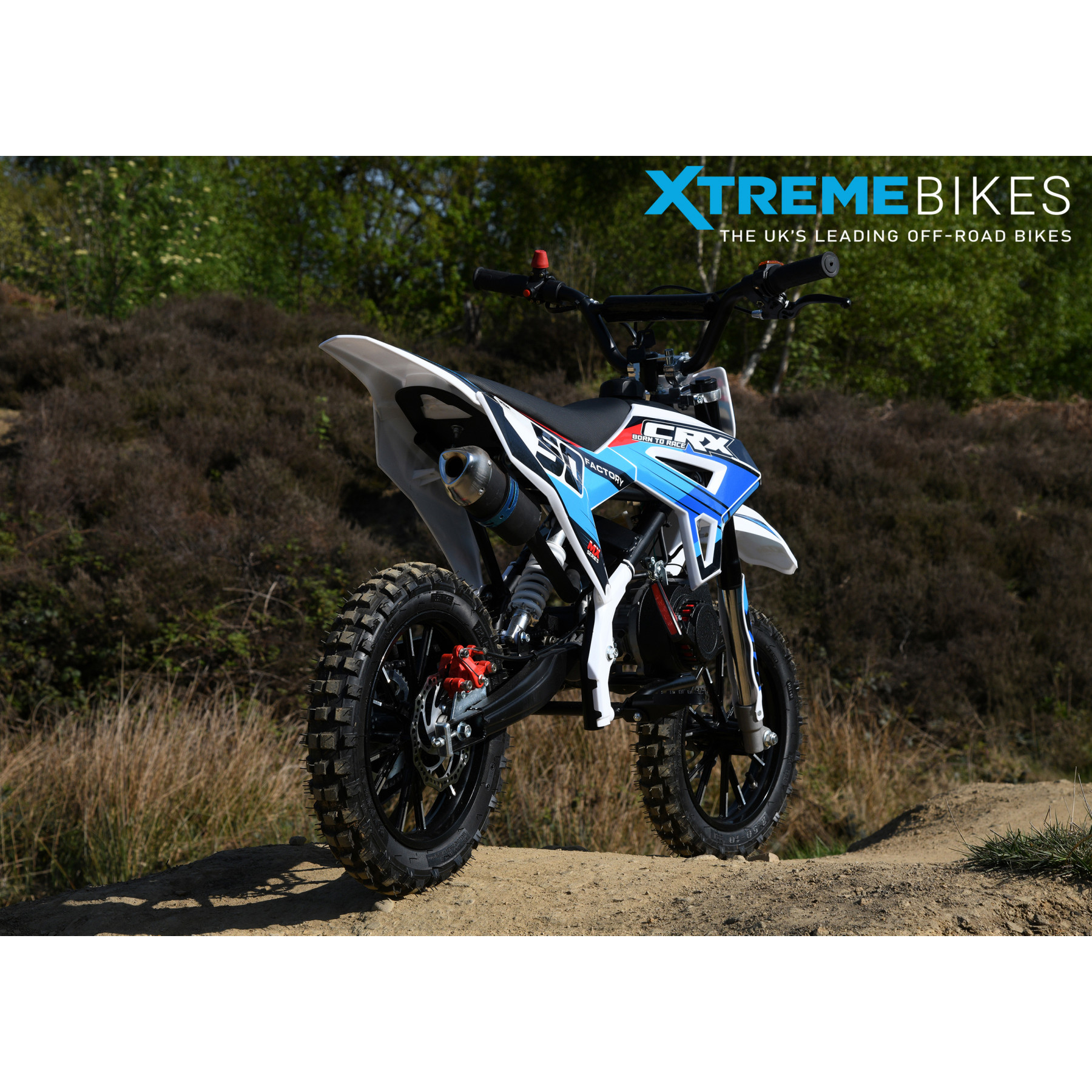 XTM CRX 50CC DIRT BIKE WHITE BLUE HYDRAULIC SUSPENSION