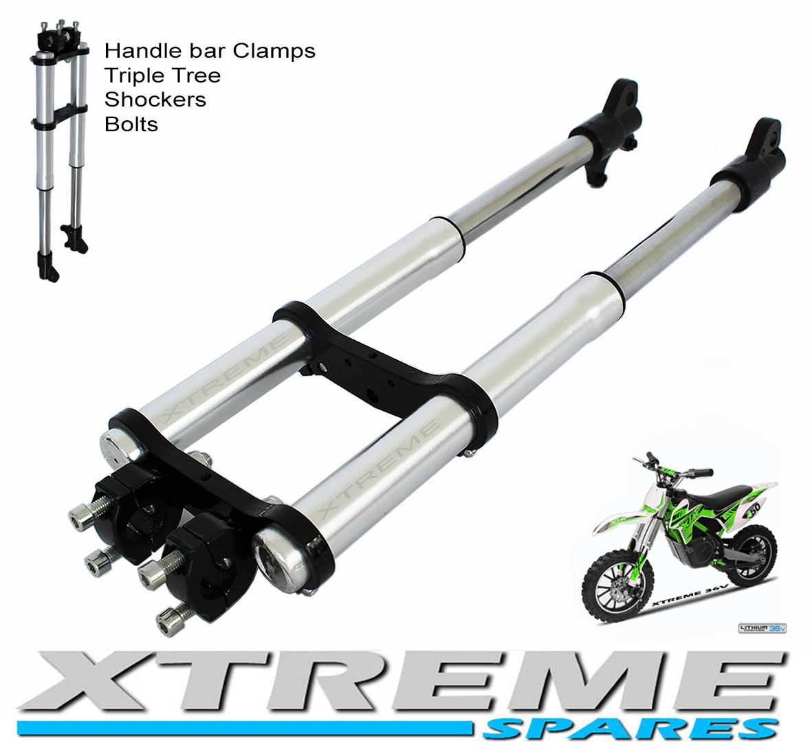 MINI DIRT BIKE COMPLETE FRONT FORKS SHOCKERS TRIPLE TREE HANDLE BAR CLAMPS