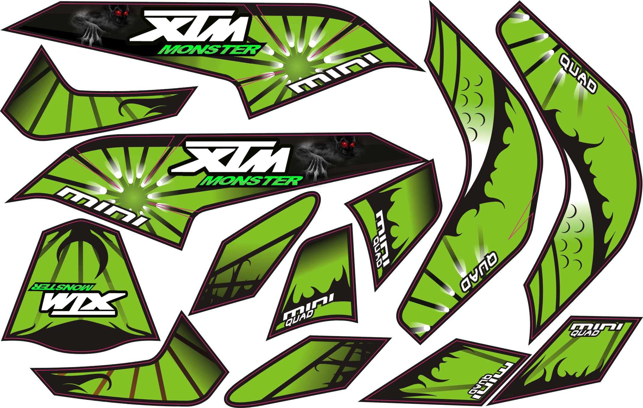 MINI QUAD BIKE XTM MONSTER STICKER KIT / DECALS / TRANSFERS IN GREEN