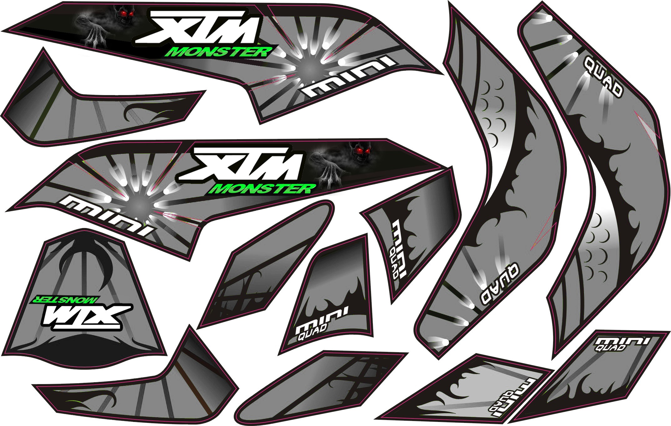 MINI QUAD BIKE XTM MONSTER STICKER KIT / DECALS / TRANSFERS IN SILVER