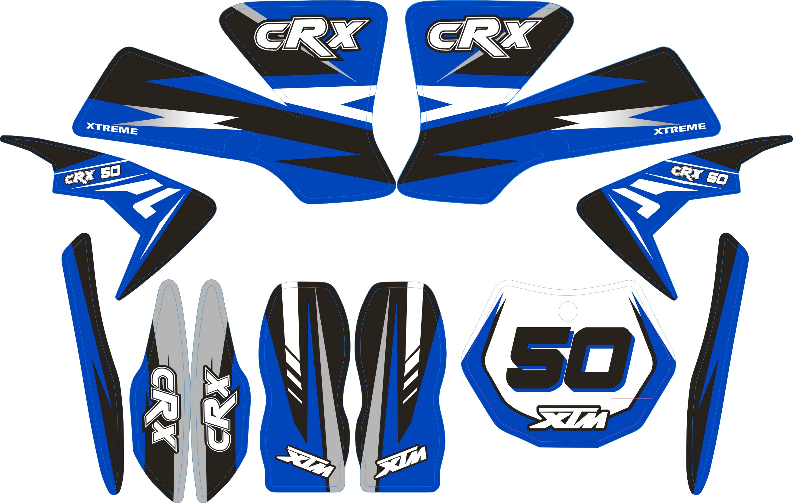 MINI DIRT BIKE XTM CRX 50 STICKER KIT / DECALS / TRANSFERS IN BLUE