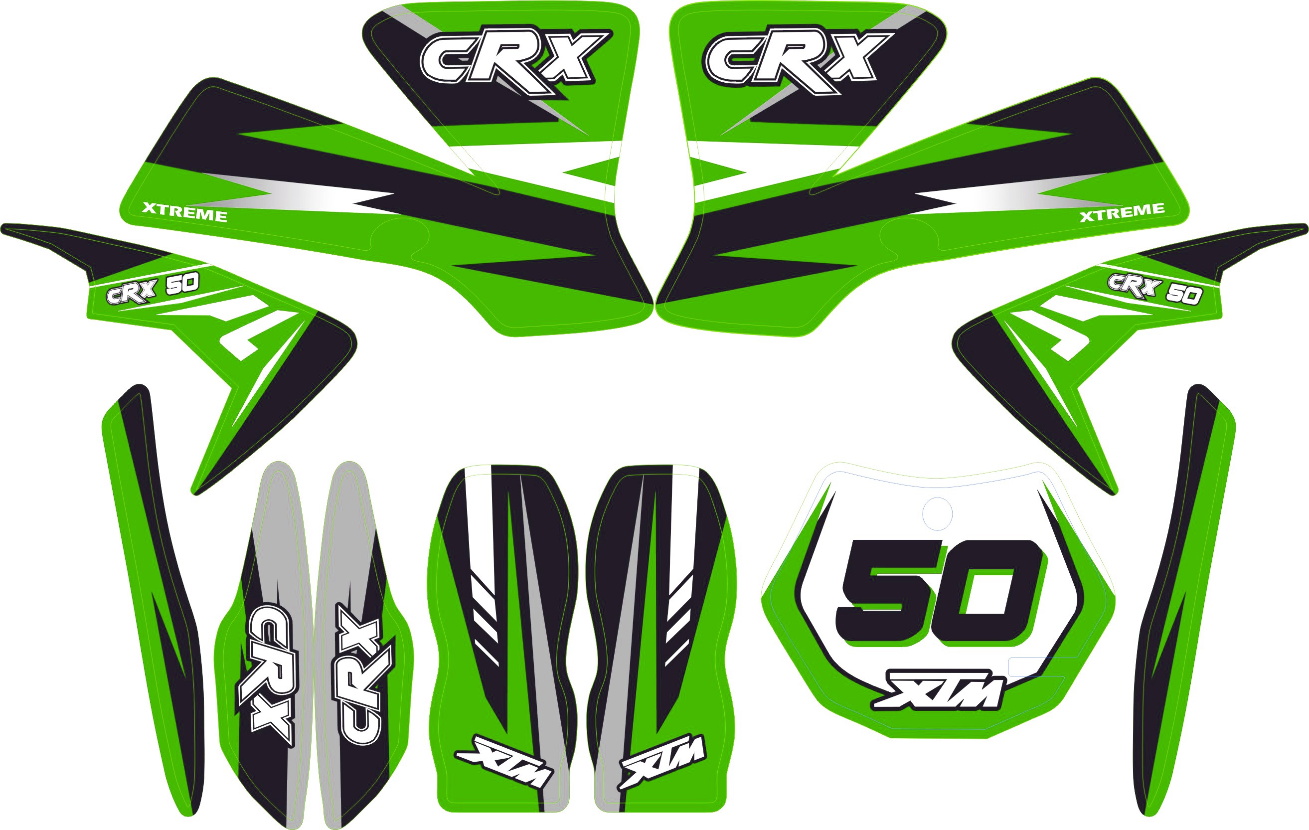 MINI DIRT BIKE XTM CRX 50 STICKER KIT / DECALS / TRANSFERS IN GREEN