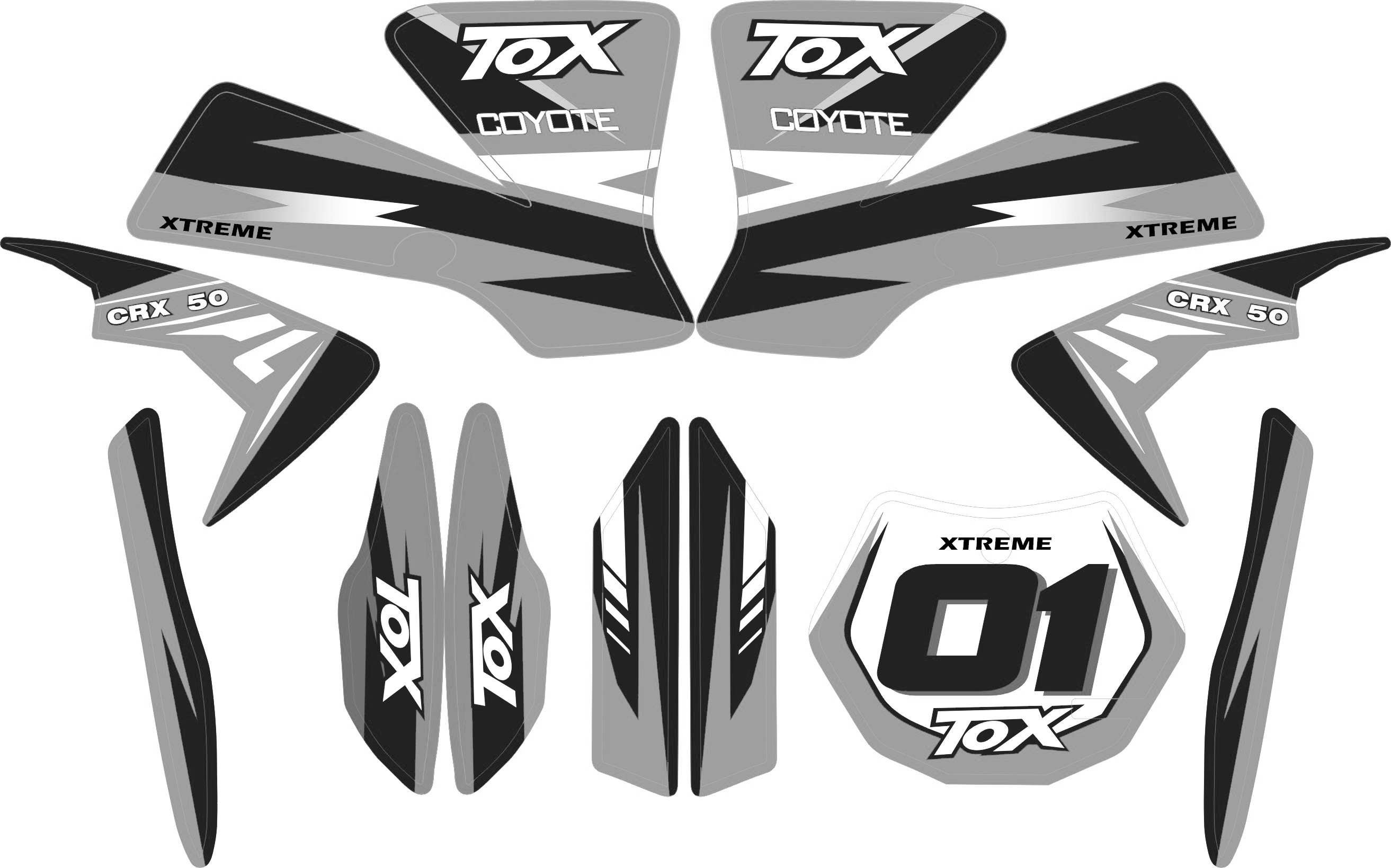 MINI DIRT BIKE CRX 50 TOX STICKER KIT / DECALS / TRANSFERS IN SILVER