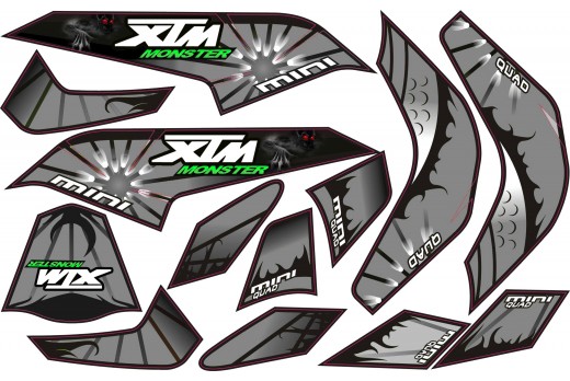 MINI QUAD BIKE XTM MONSTER STICKER KIT / DECALS / TRANSFERS IN SILVER