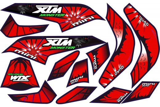 MINI QUAD BIKE XTM MONSTER STICKER KIT / DECALS / TRANSFERS IN RED