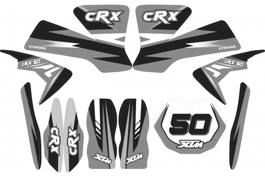 MINI DIRT BIKE XTM CRX 50 STICKER KIT / DECALS / TRANSFERS IN BLACK/ SILVER