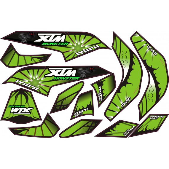 MINI QUAD BIKE XTM MONSTER STICKER KIT / DECALS / TRANSFERS IN GREEN