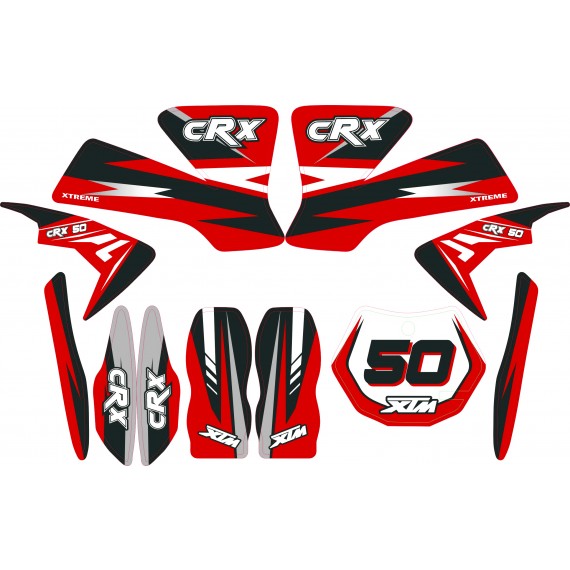 MINI DIRT BIKE XTM CRX 50 STICKER KIT / DECALS / TRANSFERS IN RED